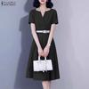 ZANZEA Women Summer V-Neck Solid Color Casual Short Sleeve Dress