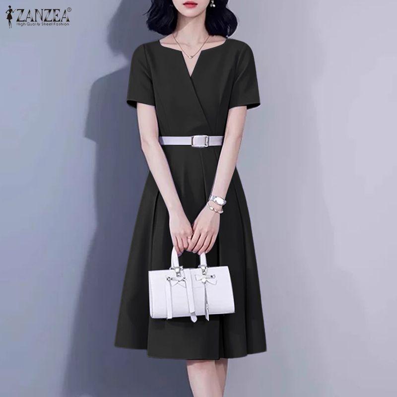 ZANZEA Women Summer V-Neck Solid Color Casual Short Sleeve Dress