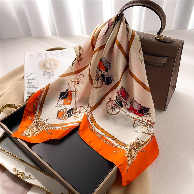 Silk Scarf Women'S Scarf Shawl 70Cm Korean Small Square Scarf Satin Surface Print Sun-Proof Headscarf