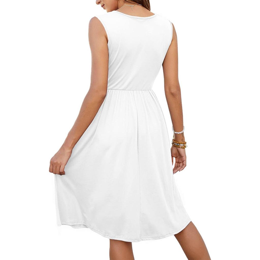 Women's Fashion Casual Solid Color Sleeveless V-Neck Buttoned Dress With Pockets