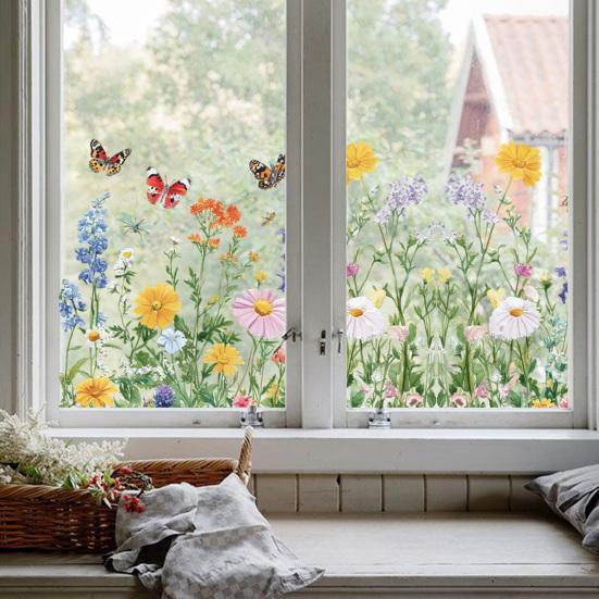 Colorful Spring Floral Window Cling Double-Sided Static Glass Sticker Stained Glass Effect Flowers Butterflies Window Decal for Kitchen Bedroom