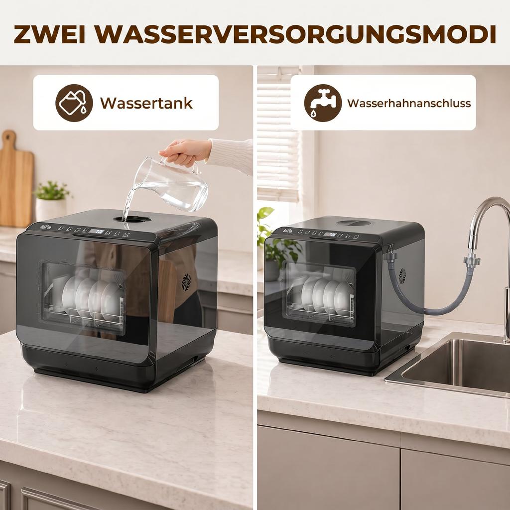 Zmywarka nablatowa, Mini zmywarka z zbiornikiem 6-litrowym, 5 programów, Wyświetlacz LED, Funkcja suszenia, Czarna
