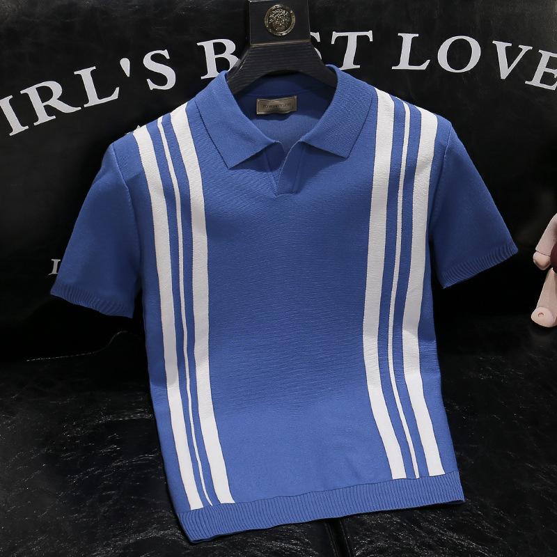 

2024 Summer Men s Color Block Striped Slim Fit Polo T-Shirt with Turn-Down Collar, Short Sleeve, Business Casual XL синій