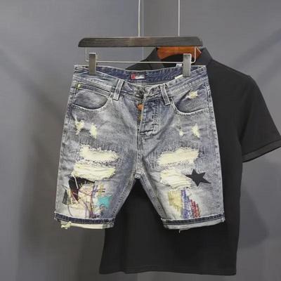 Men's Trendy Light-Wash Distressed Denim Shorts with Patches, Summer 5-Point Style.