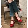 2025 Women's Round Toe One-Strap Mary Jane Shoes Spring Autumn Thick Heel Genuine Leather Mid-Heel Low-Cut High Heels
