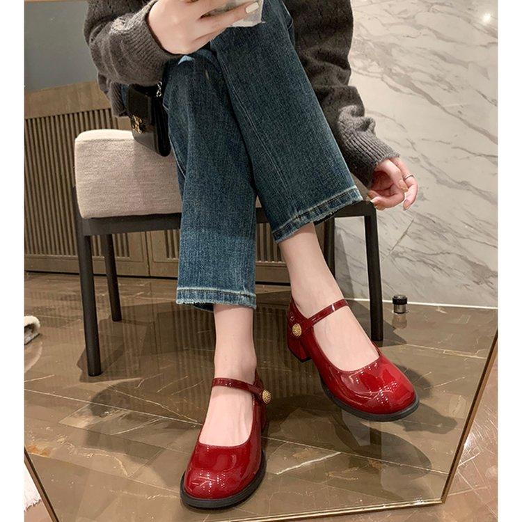 2025 Women's Round Toe One-Strap Mary Jane Shoes Spring Autumn Thick Heel Genuine Leather Mid-Heel Low-Cut High Heels