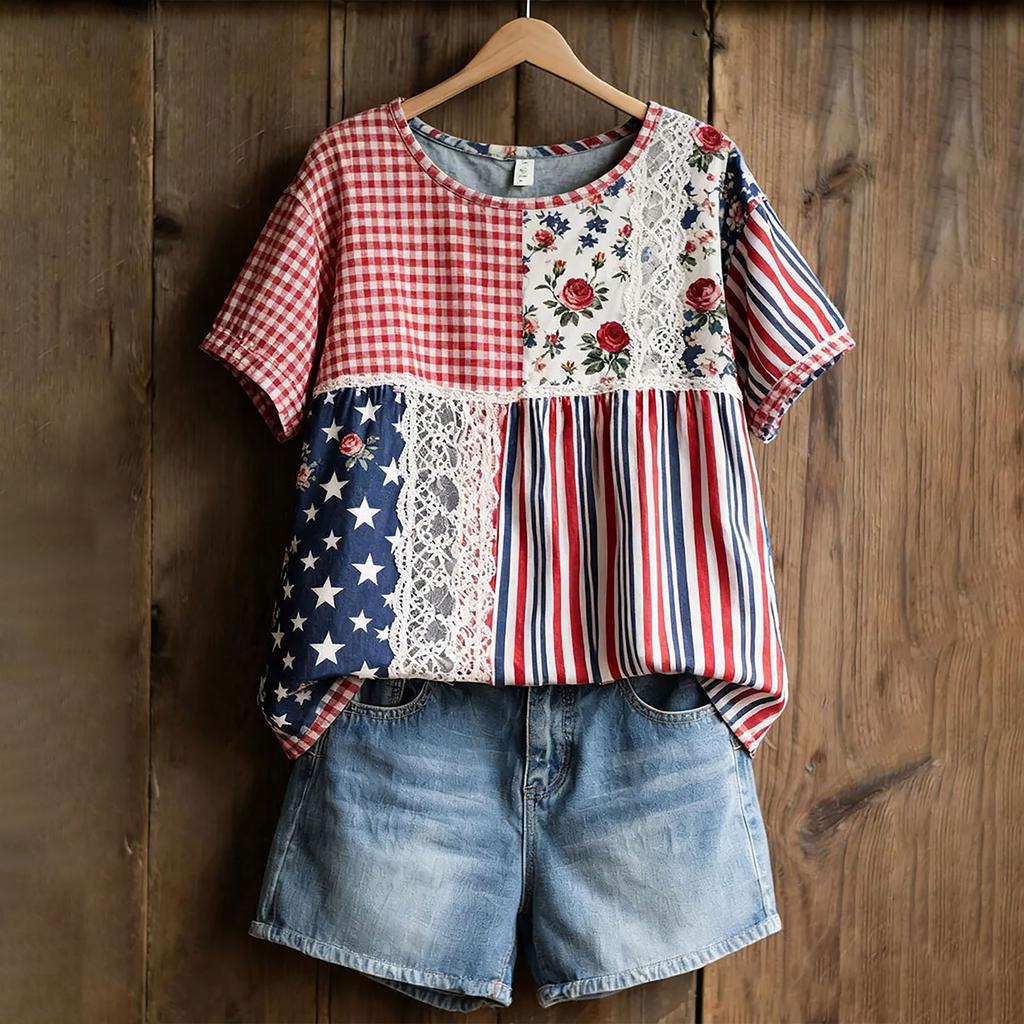 Women's American Floral Patchwork Print Casual T-Shirt 250Th Anniversary USA Shirt Patriotic Tshirt