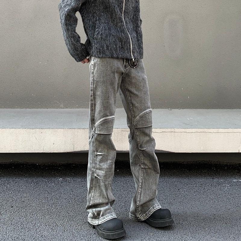 Retro Fashionable Distressed Bootcut Jeans Men's Clothing Wasteland Style Knee Patch Denim Pants High Street Casual Trousers New