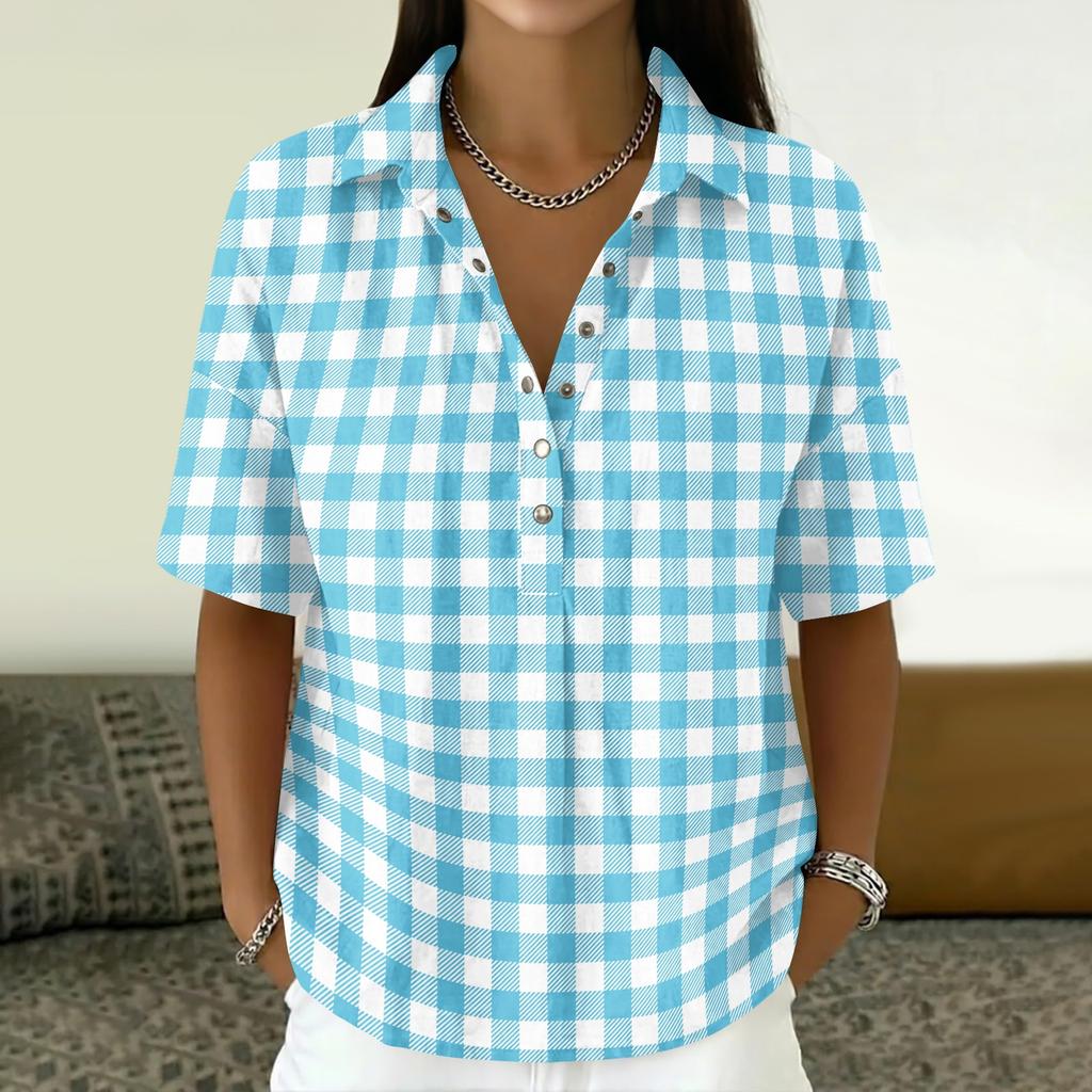 Women’s Turn Down Collar Button Up Vintage Print Short Sleeve Relaxed Fit Casual T Shirt Blouse Top for Everyday Wear