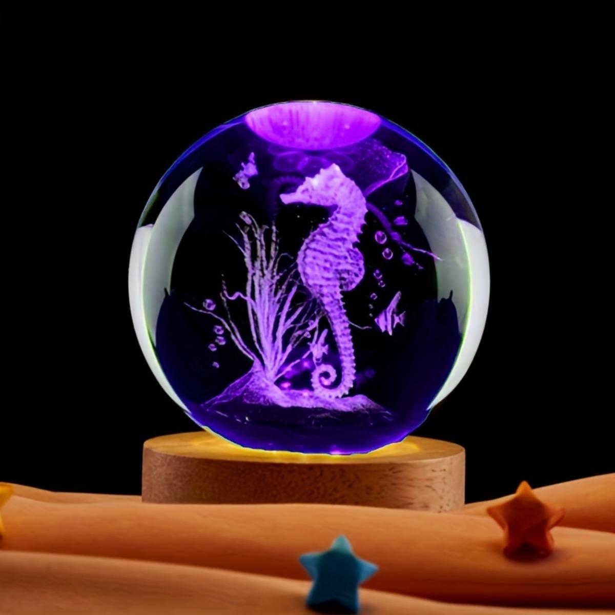 

3D Морской конек хрустальный шар с деревянной основой Лазерная гравировка Статуэтка морского конька Ночной светильник для спальни Декоративный светильник подарок USB Plug