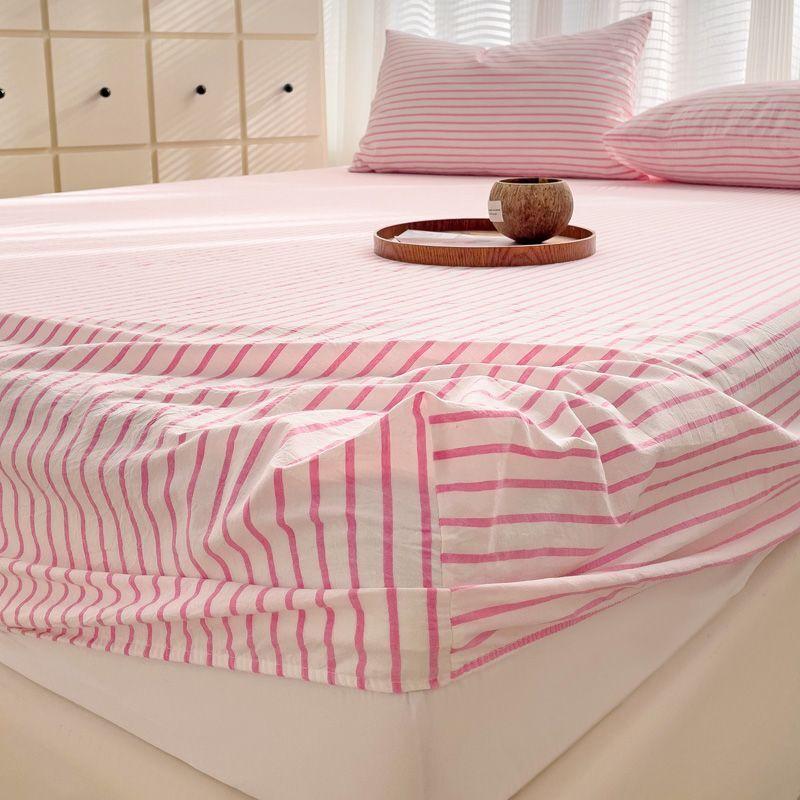 Japanese Style Washed Cotton Striped Bed Sheet Three Piece Set, Full Coverage, Non Slip Single Piece, Simmons Mattress, Dust