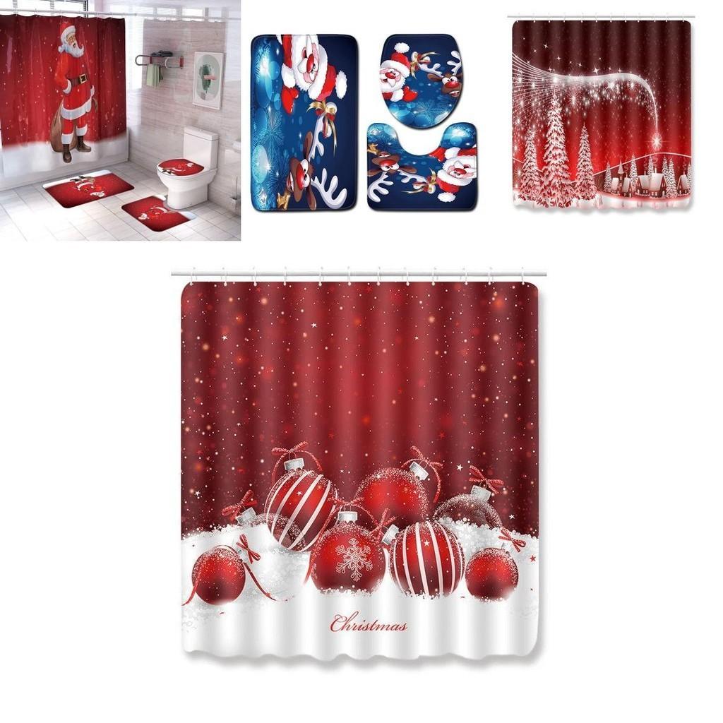 Elegant 4pcs Christmas Shower Curtain And Toilet Cushion Set For Joyful Bathroom Style