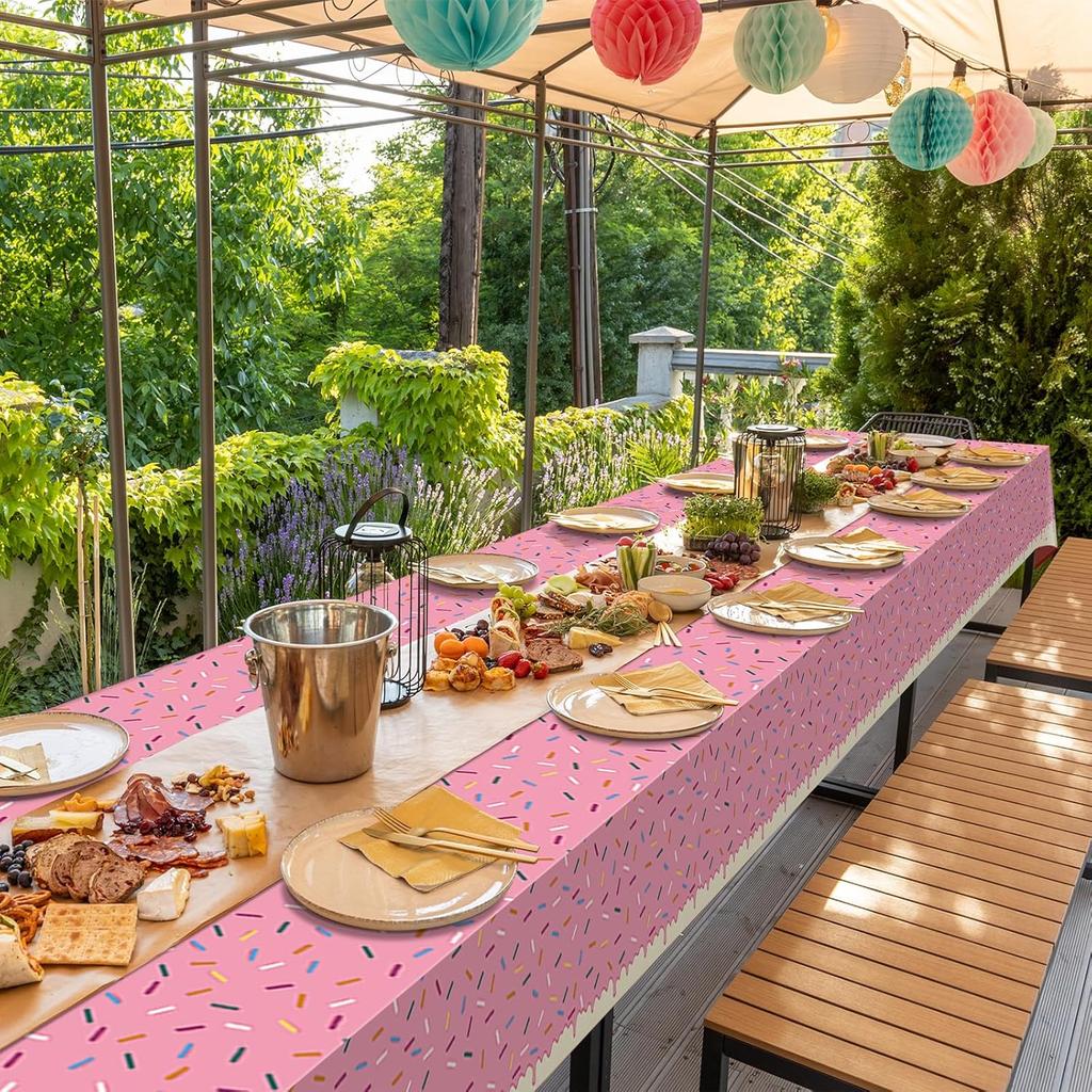 3Pcs Sprinkle Donut Tablecloth, Pink Ice Cream Table Cloth Disposable Plastic Rectangle Table Covers for Baby Girl Sweet One Birthday Donut Grow Up