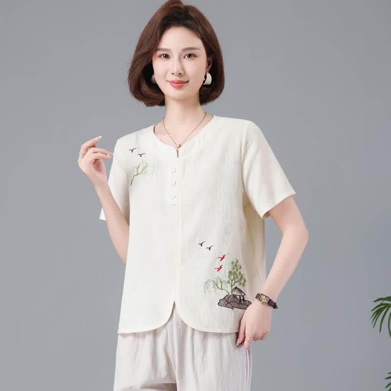 Lonsa Women's Embroidered Loose Cotton T-Shirt