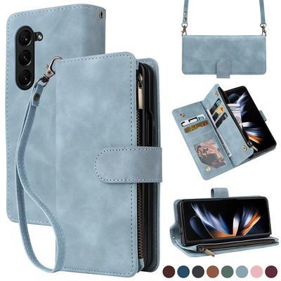 Zipper Wallet Clutch Crossbody Phone Case for Samsung Galaxy Z Fold 5 Fold5 5G Purse Card Slot Holder Lanyard Flip Leather Cover