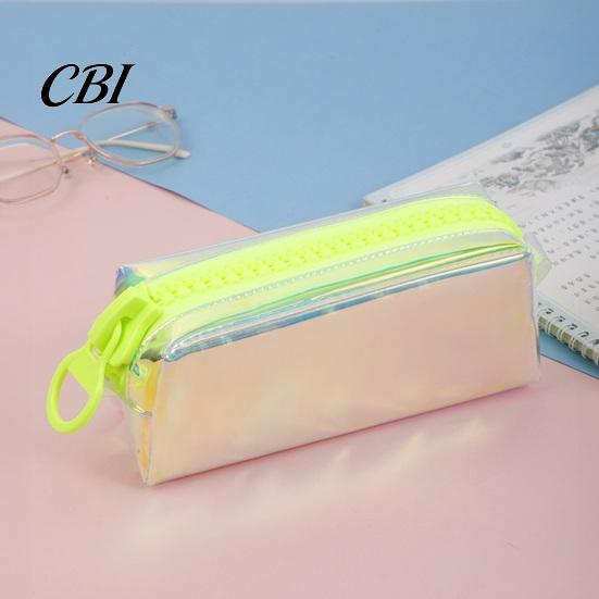 Rainbow Gradient Pen Bag Iridescent Holographic Pencil Case, Transparent Stationery with Wide Correction Tape Holder Case U-Shaped Zipper, Large