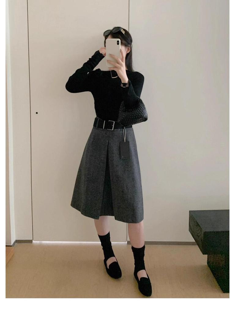 Grey Woolen Mid-Length Half Skirt for Women - High-End 2025 Autumn/Winter Collection