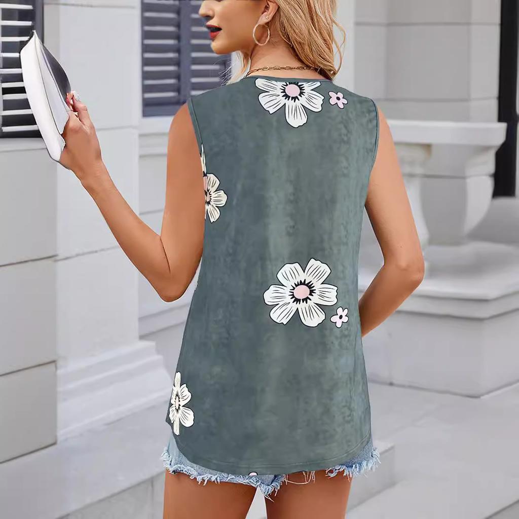 Women's summer vest casual and fashionable round neck sleeveless flower print vest