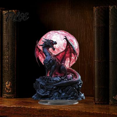 Dark Fantasy Art Display 2D Acrylic Dragon Moon Crystal Ball Sculpture Figurine, Waterproof Western Tabletop Themed Ornament for Living Room