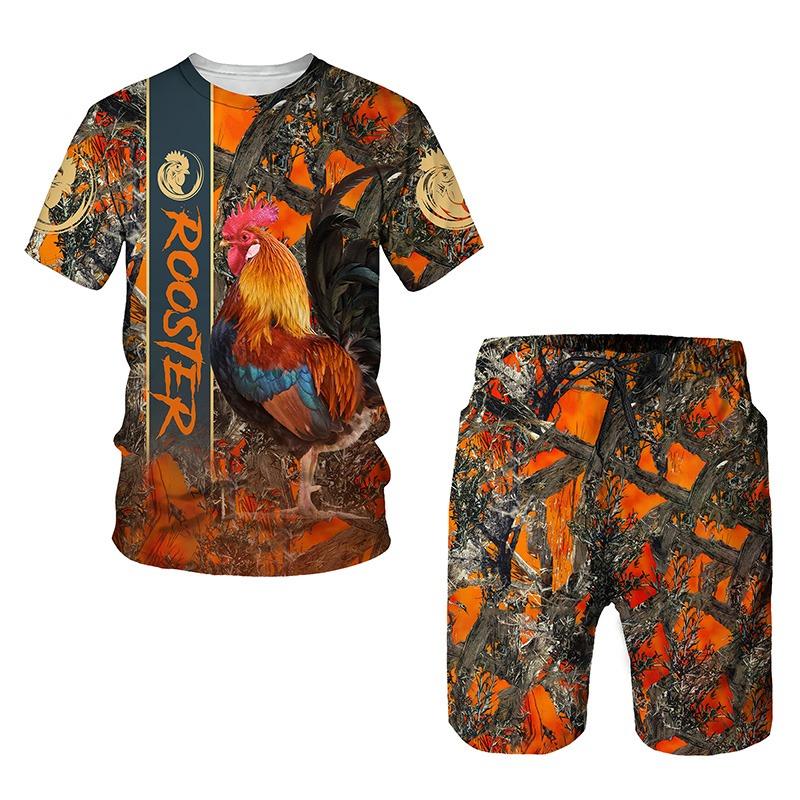 Hahnjagd Sommer Herren 3D-Druck Mann Set T-Shirt + Shorts Outfit Trainingsanzug Hahn Tier Kurze Ärmel 2-teiliger übergroßer Anzug