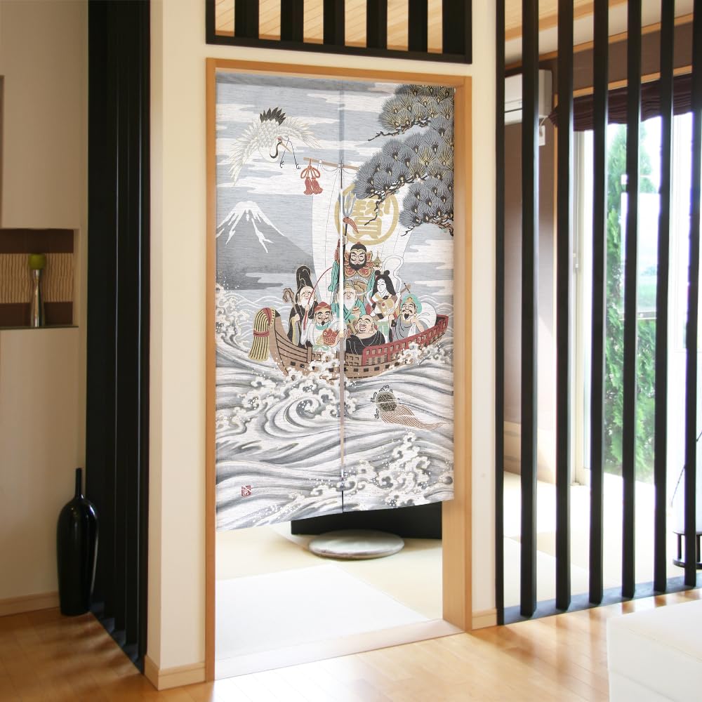 Noren Kobo Noren Traditional Auspicious 85cm Wide x 150cm and Seven Lucky Mohair 3031 Ukiyo-e Japanese-style Tapestry, Half-length Curtain, Design,