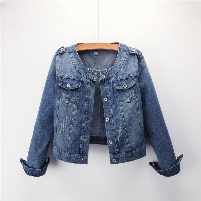 Women's Jacket Round Neck Casual Short Tops Plus Size Denim Jacket