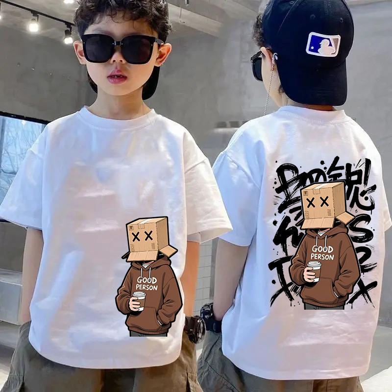American Summer Kids Cartoon Character Letter Graffiti Print Comfortable and Breathable Round Neck Tshirt Outdoor Street Top