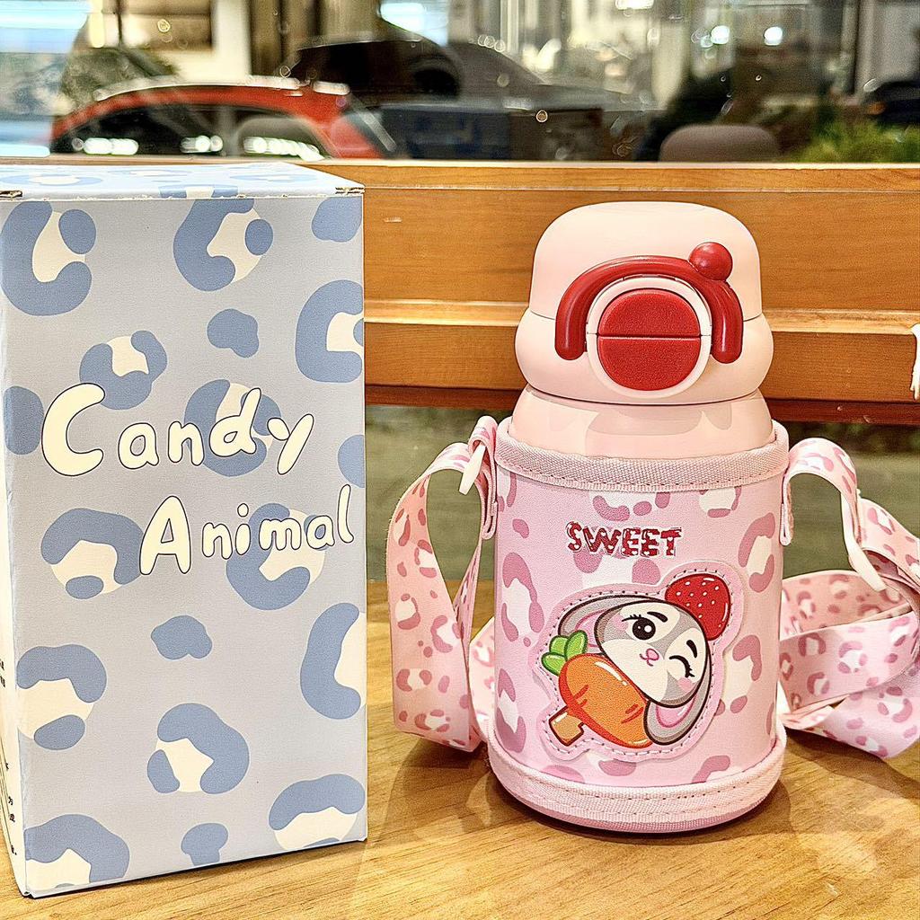 Cartoon Kids Thermos Cup with Sleeve, 316 Stainless Steel, Anti-Fall Straw, Portable & Cute for Students