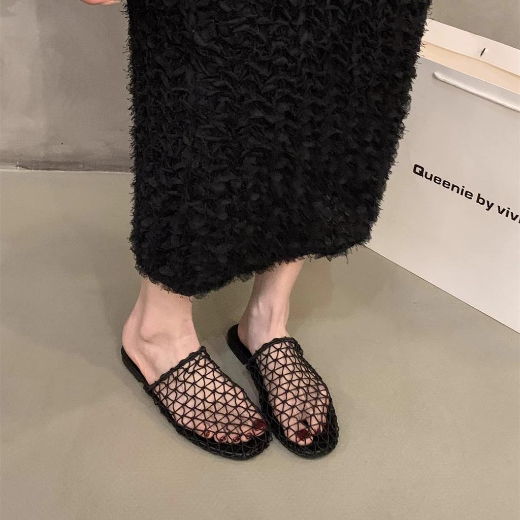Woven Mesh Bag Head Half Slippers Women's Shoes 2025 Summer New Flat-bottomed Vacation Retro Roman Sandals