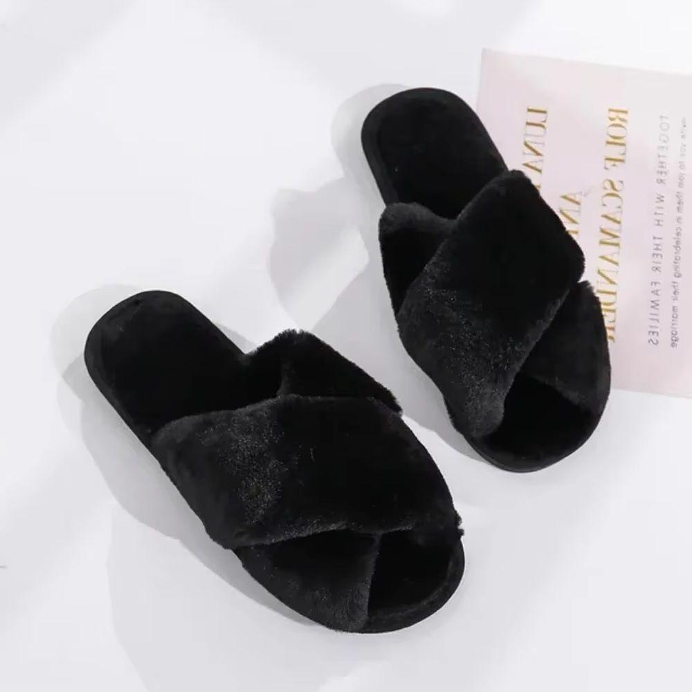 Winter Women House Slippers Faux Fur Fashion Warm Shoes Woman Slip on Flats Female Slides Black Pink cozy home  furry slippers