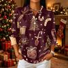 Women's Casual Christmas Print Button Down Top with Three-Quarter Sleeves and Notched Collar