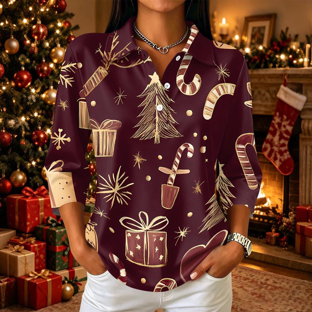Women's Casual Christmas Print Button Down Top with Three-Quarter Sleeves and Notched Collar