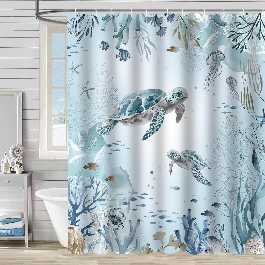 Shower Curtain Waterproof And Mildew-Proof Digital Printing Starfish Shell Shower Curtain Bathroom Partition Curtain Free Punching