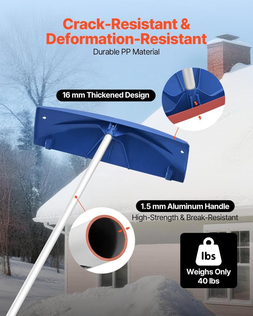 Snow Roof Rake, 60cm PP Plastic Blade, 1.18-5.55 m Adjustable Roof Snow Scraper with Wheels, Anti-Slip Handle Snows Removal Tool, Lightweight House