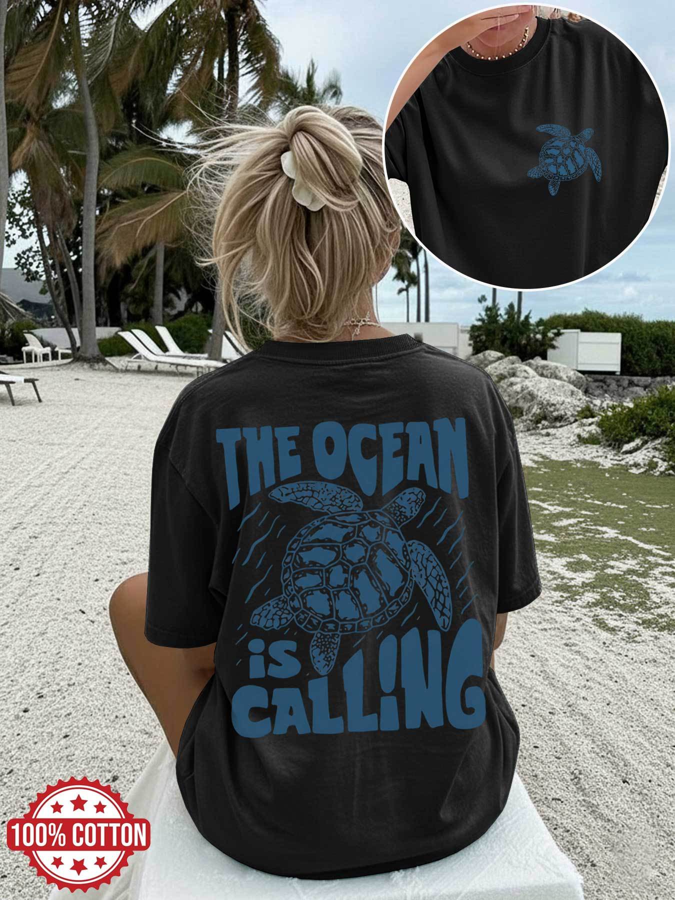 

Summer Vintage Style with Turtles and Waves The Ocean Is Calling Printed Round Neck Short Sleeve Oversized TShirt S