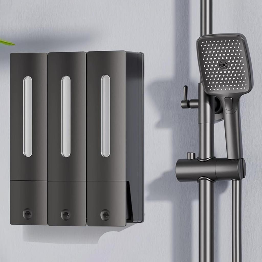 Punchless Wall-Mounted 3-Head Soap Dispenser with Large Capacity, Refillable Bottle, Easy Installation, Suitable for Bathrooms, Washrooms, etc.