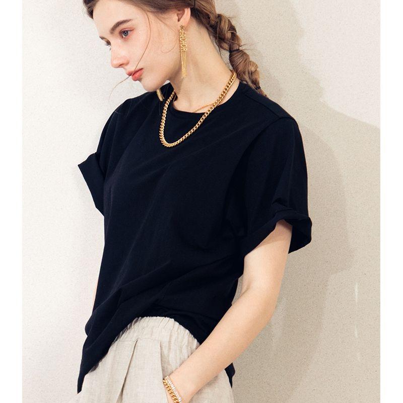 

AI Relaxed Fashionable Attitude European American High Quality Japanese Cotton Loose T-shirt Skin-like Summer and Autumn Short Sleeve Tops Black M