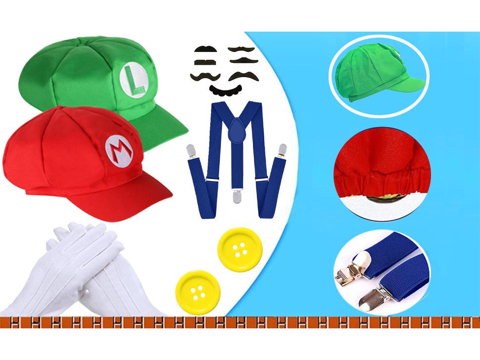Mario Character Green Octagonal Cap with Navy Blue Strap, Mustache, and Gloves Costume Accessory Set