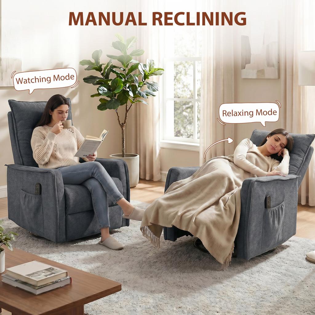 Recliner Armchair, Chenille Recliner Chair with Massage and Heat, 360 degrees Swivel Rocking Manual Recliner, Dark Grey