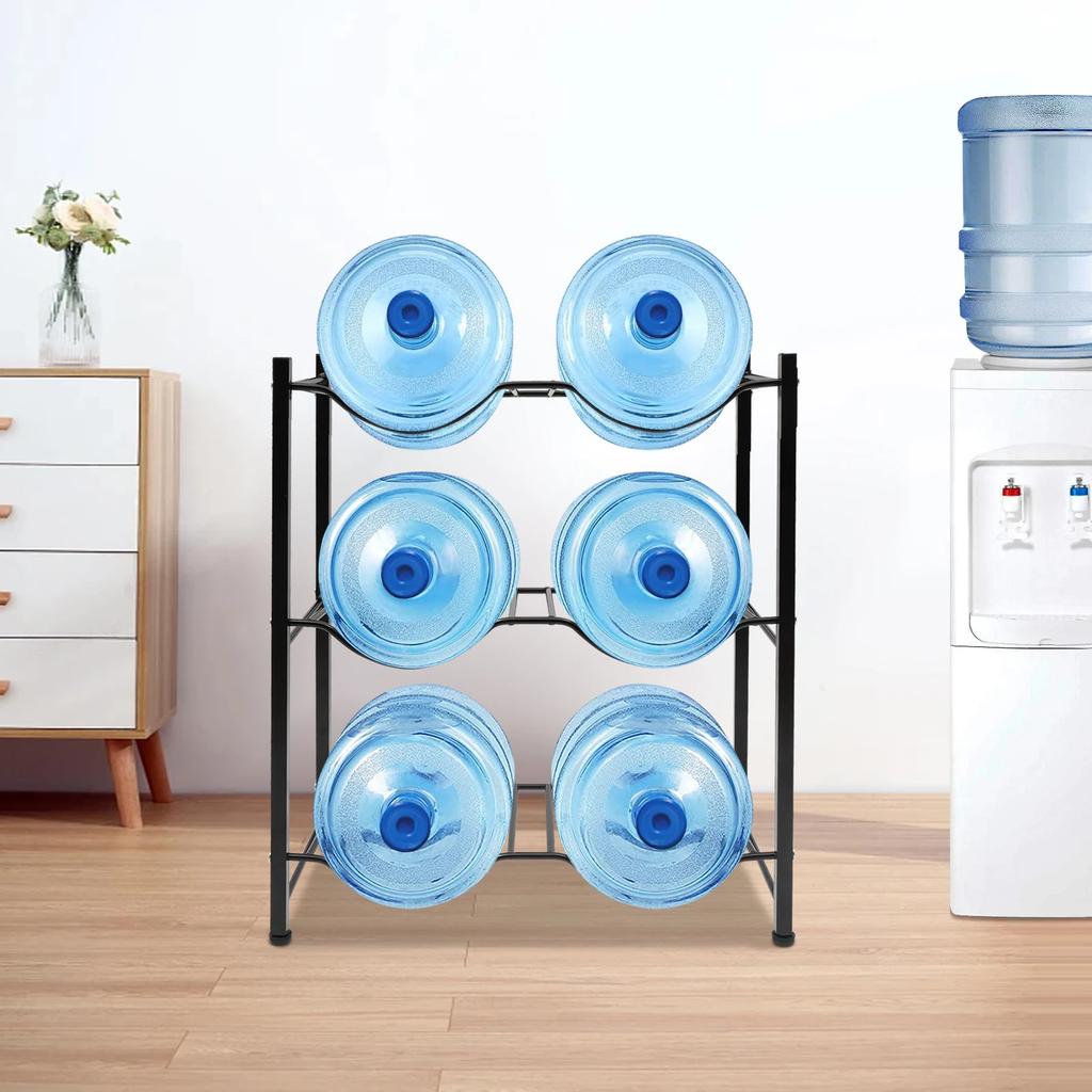 3-Tier Black Water Bottle Rack – 5 Gallon Water Jug Holder – Sturdy Steel Floor Standing Organizer W/ 6 Slots for Home & Office