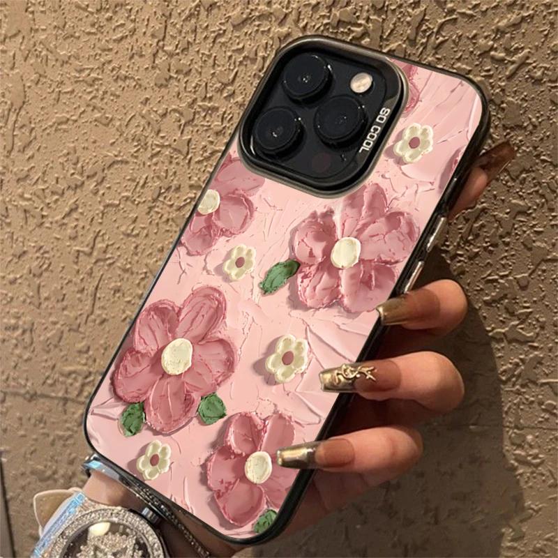 Luxury Oil Painting Flower Electroplate Silver IMD Case For iPhone14 15 11 12 13 Pro Max 7 8 Plus X XR Shockproof Hard Cover