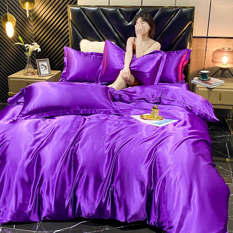 Solid Rayon Silk Bedding Set with Duvet Cover Bed Sheet Pillowcases Luxury King Single Double Couple Satin Pillow Case Bedsheet