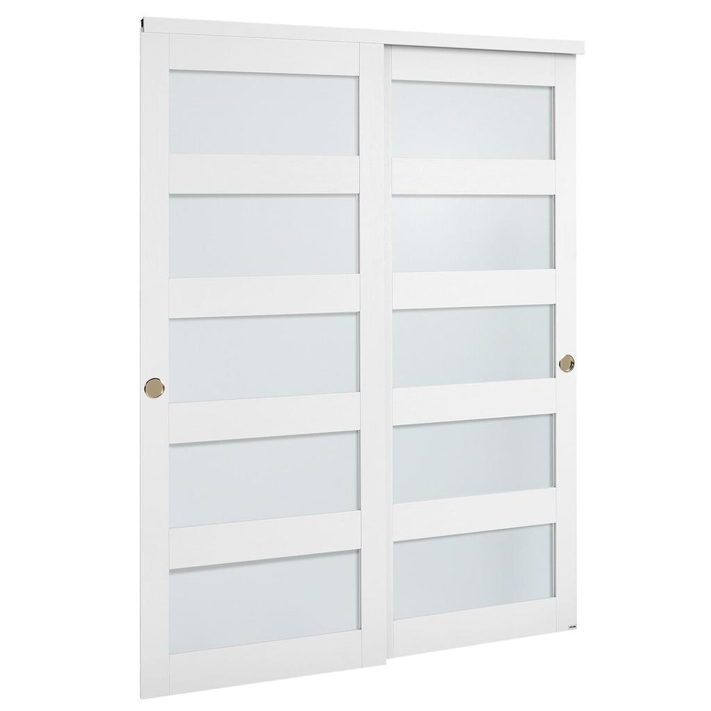 Sliding Closet Door, 1524mm (Double 787mm) x 2032 mm, 5-Lite Frosted Glass Bypass Sliding Doors with Hardware Kit, Solid Wood & MDF Slab with