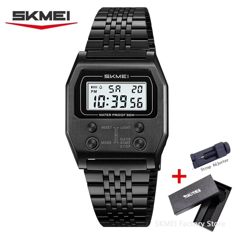 SKMEI 2460 Waterproof Digital Watch for Men Stainless Steel Sport Luxury Retro LED Electronic Mens Wristwatches Reloj Hombre