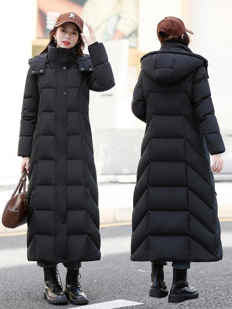 Damski Modny Długi Biały Płaszcz Puchowy z Kaczym Piórem 2025 - Szykowny, Podkreślający talię, Za kolano, Bardzo długi Styl zimowy