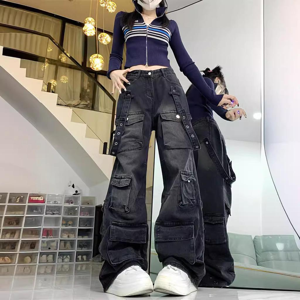 American Street Style Cargo Pants Women Dark Gray Spring Wide Leg Pants Women Loose Y2k Jeans