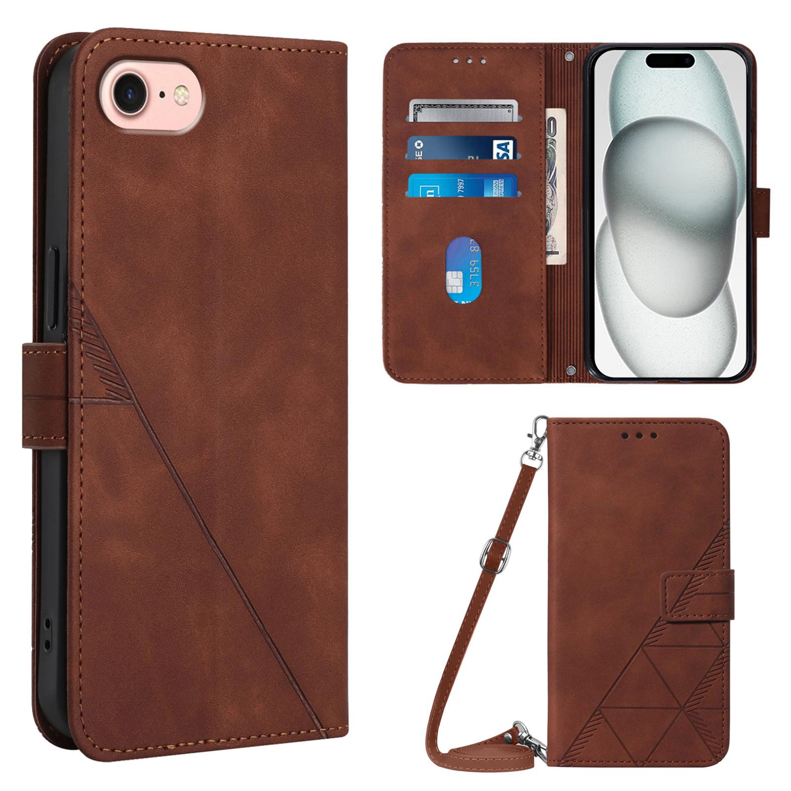 

For iPhone 16e Leather Case with Shoulder Strap Wallet Stand Phone Cover Brown
