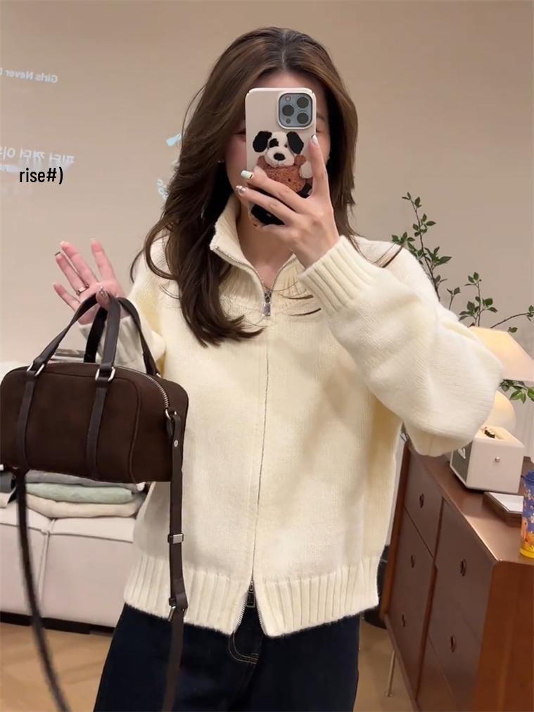 

Кардиган женский однотонный в корейском стиле со стойкой: Мягкое вязаное пальто на двойной молнии Осень/Зима Large грязно-белый