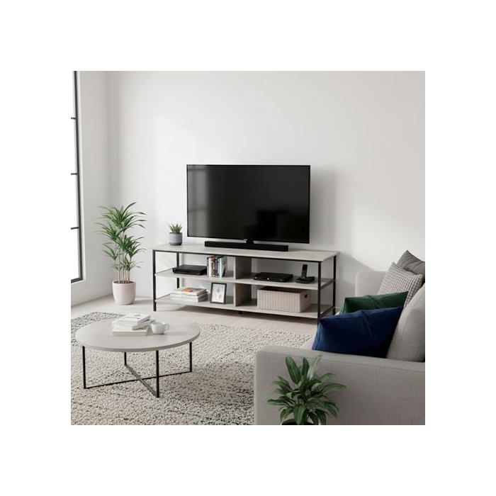 Table d'appoint TV - AKTIVE - 110x40x45 cm - Effet ciment - Structure métallique noire - Supporte 30 kg - Design moderne