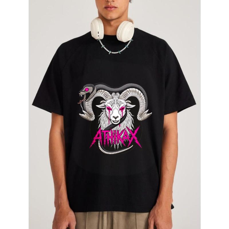 

White T-Shirt with Ram and Snake Graphic and Athikax Text for Casual Wear XXXXL чёрный